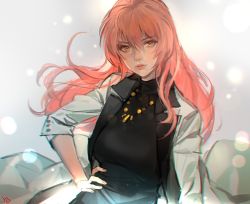 Rule 34 | 1girl, black shirt, blush, coat, commentary request, copyright request, jewelry, lab coat, long hair, looking at viewer, necklace, parted lips, pink hair, shirt, signature, sleeves rolled up, solo, upper body, white coat, yd (orange maru)