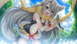 Rule 34 | + +, 1girl, animal ears, black eyes, blue sky, breasts, cat ears, cloud, day, fish, frilled skirt, frills, game cg, grey hair, highres, long hair, looking at viewer, midriff, navel, official art, open mouth, outdoors, ruu (x-overd), scarf, skirt, sky, small breasts, solo, standing, tree, water, x-overd, yellow scarf