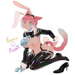 Rule 34 | 1girl, animal ears, black bow, black footwear, black legwear, blue hair, bow, braid, cat ears, cat girl, cat tail, crystal, crystal exarch, english text, eyes visible through hair, facial mark, fake animal ears, final fantasy, final fantasy xiv, g&#039;raha tia, g'raha tia, genderswap, genderswap (mtf), goldfishu, hair between eyes, heart, high heels, kneeling, material growth, miqo&#039;te, multicolored hair, multicolored tail, nipples, parted lips, pink hair, pink lips, rabbit ears, rabbit tail, red eyes, short hair, simple background, solo, spoilers, tail, white background