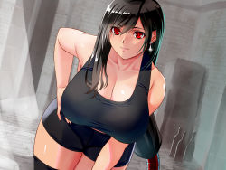 Rule 34 | 1girl, bent over, bike shorts, black hair, black shorts, black sports bra, black thighhighs, breasts, cleavage, earrings, final fantasy, final fantasy vii, final fantasy vii remake, hand on own hip, jewelry, large breasts, leaning forward, long hair, looking at viewer, low-tied long hair, red eyes, shorts, sleeveless, smile, solo, sports bra, square enix, switch01, thighhighs, tifa lockhart, underwear