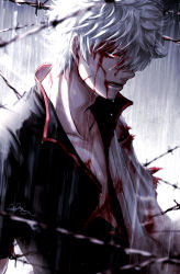 Rule 34 | 1boy, adam&#039;s apple, aya shiro423, barbed wire, bleeding, blood, blood on clothes, blood on face, gintama, highres, japanese clothes, male focus, outdoors, rain, red eyes, sakata gintoki, serious, upper body, white hair