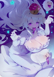 Rule 34 | 1girl, absurdres, blush, boo (mario), breasts, brooch, cleavage, colored tongue, crown, dress, elbow gloves, fang, frilled dress, frills, ghost, gloves, hair between eyes, hands up, helic (7317helic), highres, jewelry, large breasts, long hair, long tongue, looking at viewer, luigi&#039;s mansion, mario (series), new super mario bros. u deluxe, nintendo, open mouth, princess king boo, purple eyes, purple tongue, sharp teeth, star (symbol), super crown, teeth, tongue, tongue out, very long hair, white dress, white gloves