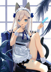 Rule 34 | 1girl, animal ears, apron, arm strap, backlighting, bare arms, bare legs, bare shoulders, belt, black footwear, black skirt, blue eyes, blue neckwear, breasts, buttons, cat ears, cat girl, cat tail, chair, commentary request, food, grey shirt, highres, holding, knee up, large breasts, leaf, long hair, looking at viewer, maid, maid apron, maid headdress, miniskirt, original, pencil skirt, popsicle, shirt, shoes, silver hair, sitting, skirt, sleeveless, sleeveless shirt, socks, solo, tail, thighs, tongue, tongue out, urata asao, very long hair, white socks, window, wing collar, wrist cuffs