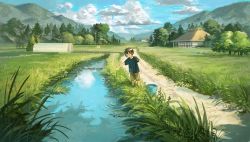 Rule 34 | 1boy, architecture, black shirt, blue sky, blush stickers, brown eyes, brown hair, brown shorts, bucket, bucket of water, day, east asian architecture, fishing line, fjsmu, grass, greenhouse, highres, holding, house, leaning to the side, looking down, mountain, mountainous horizon, original, outdoors, outstretched arm, road, rural, scenery, shirt, shorts, sky, smile, solo, standing, stepping stones, stream, t-shirt