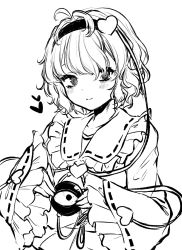 Rule 34 | 1girl, ahoge, blouse, blush, buttons, commentary, eyebrows hidden by hair, frilled shirt collar, frilled sleeves, frills, greyscale, hair ornament, hairband, heart, heart button, heart hair ornament, highres, holding, komeiji satori, long sleeves, looking at viewer, monochrome, ribbon-trimmed sleeves, ribbon trim, shirt, short hair, simple background, smile, solo, third eye, touhou, upper body, wide sleeves, yoma (lycoris109)