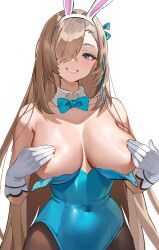 Rule 34 | 1girl, absurdres, animal ears, asuna (blue archive), asuna (bunny) (blue archive), asymmetrical bangs, bare shoulders, blue archive, blue bow, blue bowtie, blue eyes, blue leotard, blush, bow, bowtie, breasts, breasts out, collarbone, commentary request, covered navel, covering privates, covering breasts, detached collar, eyes visible through hair, fake animal ears, gloves, grin, hair over one eye, highleg, highleg leotard, highres, korean commentary, large breasts, leotard, leotard pull, light brown hair, long hair, looking at viewer, mole, mole on breast, official alternate costume, open mouth, pantyhose, playboy bunny, q2 qee, rabbit ears, simple background, smile, solo, standing, strapless, strapless leotard, teeth, traditional bowtie, upper body, white background, white gloves