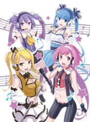 Rule 34 | 4girls, :d, :o, ahoge, bare shoulders, conductor baton, blonde hair, blue hair, blush, breasts, character request, cleavage, cleavage cutout, clothing cutout, detached sleeves, dress, elbow gloves, fingerless gloves, gloves, headphones, headset, holding, idol, long hair, looking at viewer, macne series, medium breasts, microphone, microphone stand, midriff, mofu (mof swimradio), multiple girls, music, musical note, navel, necktie, open mouth, pink eyes, pink hair, pleated skirt, pointer, purple eyes, purple hair, purple legwear, short hair, shorts, singing, skirt, small breasts, smile, star (symbol), suspenders, thighhighs, twintails, very long hair, yellow eyes
