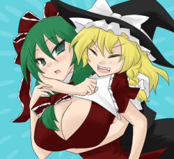 Rule 34 | 2girls, blonde hair, breasts, cleavage, closed eyes, fang, female focus, from behind, front ponytail, green eyes, green hair, hat, hug, hug from behind, kagiyama hina, kirisame marisa, large breasts, long hair, multiple girls, oro (zetsubou girl), touhou, tsurime, witch, witch hat