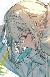 Rule 34 | 1boy, arms up, blonde hair, chromatic aberration, close-up, closed eyes, dappled sunlight, fate/grand order, fate (series), food, from side, hair between eyes, hood, hoodie, ice cream, male focus, mebaru, oberon (fate), portrait, sidelocks, simple background, solo, sunlight, sweat, sweatdrop, tying hair, white background, white hoodie