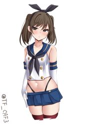Rule 34 | 1girl, black hairband, black neckerchief, black panties, blue sailor collar, blue skirt, brown eyes, brown hair, commentary request, cosplay, cowboy shot, crop top, elbow gloves, gloves, hairband, highleg, highleg panties, highres, kantai collection, long hair, looking at viewer, microskirt, miniskirt, neckerchief, one-hour drawing challenge, panties, pleated skirt, ryuujou (kancolle), sailor collar, shimakaze (kancolle), shimakaze (kancolle) (cosplay), shirt, skirt, sleeveless, sleeveless shirt, solo, striped clothes, striped thighhighs, tf cafe, thighhighs, twintails, underwear, white gloves