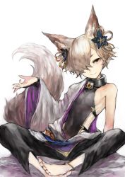 Rule 34 | 1boy, animal ears, backless outfit, barefoot, brown eyes, collar, elbow gloves, erune, fox ears, fox tail, gloves, granblue fantasy, hair ornament, highres, jewelry, kou (granblue fantasy), crossed legs, long hair, looking at viewer, male focus, nail polish, off shoulder, sitting, skin tight, smile, spread legs, tail, toenail polish, toenails