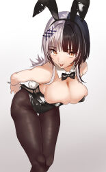Rule 34 | 1girl, :p, absurdres, bare shoulders, black hair, bow, bowtie, breasts, brown pantyhose, cleavage, detached collar, grey hair, hair ornament, highres, hololive, hololive english, large breasts, leotard, looking at viewer, multicolored hair, pantyhose, playboy bunny, shiori novella, smile, solo, split-color hair, thighs, tongue, tongue out, toska loka, two-tone hair, virtual youtuber, wrist cuffs, yellow eyes