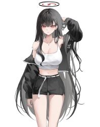Rule 34 | 1girl, absurdres, alternate costume, arm up, bare shoulders, black hair, black halo, black jacket, black shorts, blue archive, bright pupils, chabi, closed mouth, crop top, earrings, feet out of frame, halo, highres, holding own hair, jacket, jewelry, long hair, looking at viewer, midriff, navel, off shoulder, open clothes, open jacket, red eyes, rio (blue archive), short shorts, shorts, simple background, solo, stud earrings, tank top, white background, white pupils, white tank top