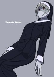 Rule 34 | 1girl, brown hair, closed mouth, colored skin, english text, green skin, grey background, grey skin, highres, kashiwa (iersansi), light brown hair, looking at viewer, nun, original, patchwork skin, red eyes, simple background, solo, stitches, turtleneck, zombie