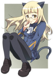 Rule 34 | 1girl, animal ears, bad id, bad pixiv id, blonde hair, cat ears, cat tail, glasses, military, military uniform, pantyhose, perrine h. clostermann, solo, strike witches, tail, tsuchinoko (muni muni), uniform, world witches series, yellow eyes