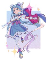 Rule 34 | 1girl, ahoge, blue eyes, blue hair, blue skirt, bow, brooch, cape, commentary, cure sky, detached sleeves, earrings, fingerless gloves, full body, gloves, grin, highres, hirogaru sky! precure, jewelry, magical girl, misao koinu, pink bow, precure, puffy detached sleeves, puffy sleeves, single earring, single sidelock, skirt, smile, solo, sora harewataru, sparkle, thighhighs, two-sided cape, two-sided fabric, white gloves, white thighhighs, wing brooch, wing hair ornament