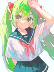 Rule 34 | 1girl, arm up, blue sailor collar, blue skirt, closed mouth, commentary, green hair, hair between eyes, hair ribbon, light smile, long hair, looking at viewer, miniskirt, nagomi ( nagomi ), neckerchief, original, pleated skirt, red neckerchief, red ribbon, ribbon, sailor collar, sailor shirt, school uniform, serafuku, shirt, short sleeves, simple background, skirt, solo, standing, summer uniform, symbol-only commentary, twintails, upper body, very long hair, white background, white shirt, yellow eyes