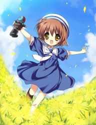 Rule 34 | 00s, 1girl, ascot, brown eyes, brown hair, child, clannad, cloud, day, dixie cup hat, dress, field, flower, hat, military hat, okazaki ushio, open mouth, outdoors, paco, robot, running, sailor collar, sailor dress, short hair, sky, solo, toy