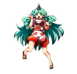Rule 34 | 1girl, absurdres, animal ears, baba (baba seimaijo), bare legs, buttons, cloud print, collared shirt, curly hair, fang, full body, green eyes, green hair, highres, horns, kariyushi shirt, komano aunn, long hair, looking at viewer, open mouth, paw pose, red shirt, sandals, shirt, short sleeves, shorts, single horn, solo, standing, touhou, transparent background, very long hair, white shorts