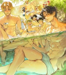 Rule 34 | 6+boys, alcohol, arm on another&#039;s shoulder, arm tattoo, black hair, blonde hair, blush, bottle, chest tattoo, closed eyes, closed mouth, completely nude, green hair, hand tattoo, looking at viewer, male focus, monkey d. luffy, multiple boys, naked towel, navel, nipples, nude, one piece, onsen, open mouth, partially submerged, portgas d. ace, runa (nori31291404), sabo (one piece), sake, sake bottle, same-sex bathing, sanji (one piece), shared bathing, sideburns, smile, tattoo, thick thighs, thighs, toned, toned male, tony tony chopper, towel, trafalgar law, usopp, water