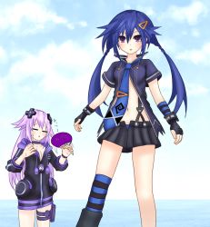 Rule 34 | 2girls, adult neptune, ankokuboshi kurome, blue hair, blush, braid, breasts, cleavage, female focus, g.g. shou, hair ornament, hairclip, long hair, looking at viewer, medium breasts, multiple girls, navel, necktie, neptune (series), open clothes, open mouth, open shirt, pink hair, ponytail, purple eyes, ribbon, shirt, sky