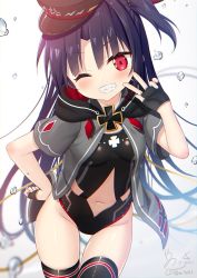 Rule 34 | 1girl, ;d, argyle, argyle clothes, argyle cutout, azur lane, black hair, black thighhighs, center opening, clothing cutout, cross, fingerless gloves, gloves, grin, hat, highres, iron cross, jacket, leotard, long hair, navel, one-piece swimsuit, one eye closed, open mouth, red eyes, side cutout, smile, solo, swimsuit, thigh gap, thighhighs, u-73 (azur lane), very long hair, yano mitsuki (nanairo)