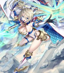 Rule 34 | 1girl, armor, bikini, blonde hair, blue bikini, blue eyes, boots, bradamante (fate), bradamante (third ascension) (fate), braid, breasts, cleavage, coat, crown braid, elbow gloves, fate/grand order, fate (series), faulds, gloves, hair between eyes, jacket, jacket on shoulders, knee boots, kousaki rui, large breasts, long hair, looking at viewer, open mouth, outstretched arm, solo, swimsuit, thigh strap, thighs, twintails, two-tone bikini, very long hair, white bikini, white coat, white footwear