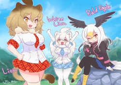 Rule 34 | 3girls, :3, animal ears, arms up, bald eagle (kemono friends), big hair, bird girl, bird tail, bird wings, black jacket, black legwear, blonde hair, blue eyes, blue neckwear, blue skirt, blush, boots, brown hair, commentary request, cowboy shot, crossed legs, elbow gloves, fang, fur collar, gloves, hair between eyes, head wings, high collar, jacket, kemono friends, lion (kemono friends), lion ears, lion girl, lion tail, long hair, looking at viewer, matching outfits, multicolored hair, multiple girls, necktie, one eye closed, open mouth, pantyhose, plaid, plaid clothes, plaid neckwear, plaid skirt, plaid trim, pleated skirt, red neckwear, red skirt, shirt, short hair, sitting, skirt, standing, tail, thighhighs, uniform, utsuro atomo, white fur, white gloves, white hair, white legwear, white lion (kemono friends), white shirt, wings, yellow eyes, yellow footwear, zettai ryouiki