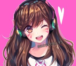 Rule 34 | 1girl, ;d, animal print, artist name, blush, brown eyes, brown hair, collarbone, d.va (overwatch), eyelashes, facepaint, facial mark, long hair, looking at viewer, one eye closed, open mouth, overwatch, overwatch 1, pink background, pink lips, rabbit print, round teeth, sasucchi95, shirt, smile, solo, symbol-shaped pupils, teeth, upper body, upper teeth only, whisker markings, white shirt