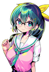 Rule 34 | 1girl, :&gt;, breasts, dohna dohna issho ni warui koto o shiyou, glasses, green eyes, green hair, green neckerchief, hair between eyes, hair ornament, hair ribbon, hairclip, large breasts, long hair, medico (dohna dohna), neckerchief, onono imoko, ponytail, ribbon, sailor collar, short sleeves, simple background, smile, solo, sweater vest, upper body, white background