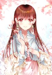 Rule 34 | 1girl, blush, brown eyes, brown hair, closed mouth, dress, hair between eyes, highres, holding, lims (neko2lims), long hair, long sleeves, looking at viewer, original, smile, solo, standing, straight hair, very long hair, white background, white dress