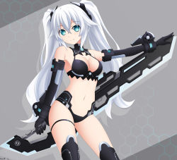 Rule 34 | 10s, 1girl, :3, aqua eyes, armpits, artist name, bad id, bad pixiv id, bare shoulders, bikini, black bikini, black gloves, black heart (neptunia), black thighhighs, blush, breasts, bustier, cleavage, cleavage cutout, clothing cutout, commentary request, contrapposto, cowboy shot, elbow gloves, female focus, gloves, grey background, hair between eyes, headgear, hexagon, highres, holding, holding sword, holding weapon, huge weapon, keenh, long hair, medium breasts, navel, neptune (series), noire (neptunia), outstretched arm, revealing clothes, smile, solo, standing, stomach, swimsuit, sword, symbol-shaped pupils, tareme, thigh strap, thighhighs, twintails, weapon, white hair