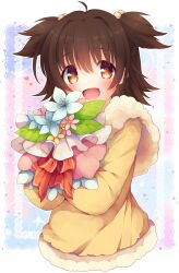 Rule 34 | 1girl, ahoge, akagi miria, blue background, blush, border, bouquet, bow, bowtie, brown hair, collar, collared jacket, commentary request, cropped torso, flower, fur-trimmed jacket, fur collar, fur trim, hair bobbles, hair ornament, heart, highres, holding, holding bouquet, idolmaster, idolmaster cinderella girls, idolmaster cinderella girls starlight stage, jacket, leaf, long sleeves, medium hair, open mouth, outside border, pink background, pink flower, red bow, red bowtie, smile, solo, star (symbol), starry background, two-tone background, two side up, usamata, white border, white collar, white flower, yellow eyes, yellow flower, yellow jacket, yellow sleeves