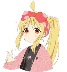 Rule 34 | 1girl, ahoge, black shirt, blonde hair, blush stickers, bocchi the rock!, bow, braid, closed mouth, cropped torso, hair bow, hairband, highres, ijichi nijika, jacket, long hair, looking at viewer, meito (maze), open clothes, open jacket, orange eyes, pink jacket, red bow, red hairband, shirt, side ponytail, sidelocks, simple background, smile, solo, upper body, white background
