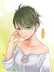 Rule 34 | 1girl, absurdres, bare shoulders, breasts, character request, cleavage, closed mouth, collarbone, green eyes, green hair, hair between eyes, highres, momoyama hinase, off-shoulder shirt, off shoulder, ribbon, school girl strikers, shirt, short hair, small breasts, solo, sweatdrop, thought bubble, upper body, white ribbon, white shirt
