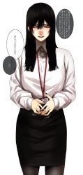 Rule 34 | 1girl, black hair, black skirt, brown pantyhose, collared shirt, fidgeting, grey eyes, hair between eyes, highres, hoshi san 3, id card, lanyard, long hair, long sleeves, looking at viewer, mole, mole under eye, mole under mouth, office lady, original, own hands together, pantyhose, shirt, simple background, skirt, smile, solo, standing, translation request, white background, white shirt, wing collar