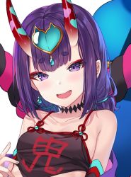 Rule 34 | 1girl, :d, bad id, bad twitter id, bare shoulders, breasts, chinese clothes, collarbone, commentary, dudou, earrings, english commentary, fangs, fate/grand order, fate (series), fingernails, hand up, head tilt, headpiece, heart, hitsukuya, horns, jewelry, oni, open mouth, purple eyes, purple hair, short eyebrows, shuten douji (fate), shuten douji (fate/grand order), shuten douji (halloween caster) (fate), simple background, skin-covered horns, small breasts, smile, solo, thick eyebrows, upper body, white background