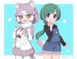 Rule 34 | 2girls, :d, animal ear fluff, animal ears, belt, black shirt, blue background, blue eyes, blunt bangs, blush, border, commentary request, dog (mixed breed) (kemono friends), dog ears, dog tail, elbow gloves, fang, fur-trimmed sleeves, fur trim, gloves, green hair, green nails, grey hair, grey skirt, grin, hair ribbon, hands up, heart, heterochromia, jacket, japari symbol, kemono friends, long hair, long sleeves, looking at viewer, low ponytail, multicolored hair, multiple girls, nail polish, open mouth, original, overall shorts, overalls, pleated skirt, ransusan, ribbon, shirt, short hair, simple background, skirt, smile, tail, tomoe (kemono friends) (niconico88059799), twitter username, two-tone hair, v, white background, white gloves, yellow eyes, yellow ribbon