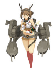 Rule 34 | 1girl, adapted costume, animal costume, bell, bottle, breasts, brown hair, brown shorts, chain, collar, cosmic (crownclowncosmic), fake antlers, full body, fur trim, gloves, green eyes, highres, holding, holding bottle, kantai collection, kneehighs, looking at viewer, medium breasts, metal belt, midriff, mutsu (kancolle), navel, official style, one eye closed, parody, red socks, reindeer costume, rigging, shizuma yoshinori (style), short hair, short shorts, shorts, simple background, smokestack, socks, solo, style parody, turret, white background, white gloves