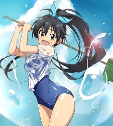 Rule 34 | 1girl, antenna hair, aqua eyes, black hair, bow, cleaning brush, fang, ganaha hibiki, hair bow, highres, idolmaster, idolmaster (classic), lens flare, long hair, looking at viewer, one-piece swimsuit, open mouth, ponytail, school swimsuit, see-through, solo, splashing, swimsuit, swimsuit under clothes, water drop, wet, wet clothes, yumekaranigeruna
