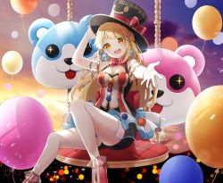 Rule 34 | + +, 1girl, :3, :d, back bow, balloon, bang dream!, black hat, black shorts, blonde hair, blurry, bokeh, bow, bowtie, breasts, cleavage, clothes writing, depth of field, earrings, hat, hat bow, headwear writing, highres, jewelry, long hair, looking at viewer, michelle (bang dream!), onsem, open mouth, outstretched hand, pom pom (clothes), red bow, red bowtie, shoes, short shorts, shorts, shorts under skirt, showgirl skirt, sitting, small breasts, smile, smiley face, solo, sunset, top hat, tsurumaki kokoro, yellow eyes