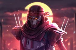Rule 34 | 1boy, apex legends, bandana, blurry, blurry background, city, classic revenant, cloud, commentary, embers, english commentary, highres, humanoid robot, male focus, no humans, oxi (bizarreoxi), red bandana, red scarf, red sky, revenant (apex legends), robot, scarf, science fiction, simulacrum (titanfall), sky, solo, upper body