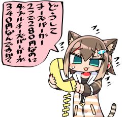 Rule 34 | 1girl, animal ear fluff, animal ears, black shirt, blush stickers, brown hair, brown jacket, cat ears, cat girl, cat tail, corded phone, fish hair ornament, fumino tamaki, green eyes, hair between eyes, hair ornament, holding, holding phone, hood, hood down, hooded jacket, jacket, kanikama, long hair, long sleeves, lowres, nijisanji, open clothes, open jacket, phone, shirt, sleeves past wrists, solo, striped clothes, striped jacket, striped tail, sweat, tail, tail raised, talking on phone, translated, virtual youtuber
