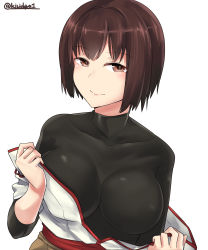 Rule 34 | 1girl, absurdres, black shirt, blouse, breasts, brown eyes, brown hair, brown skirt, highres, hyuuga (kancolle), japanese clothes, kantai collection, kiritto, large breasts, nontraditional miko, shirt, short hair, simple background, skin tight, skirt, smile, solo, twitter username, white background