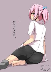 Rule 34 | 10s, 1girl, arm support, ass, barefoot, bike shorts, blue eyes, blush, dated, feet, from behind, gloves, hair ornament, kantai collection, kichihachi, looking at viewer, looking back, no pants, no skirt over shorts, pantylines, pink hair, ponytail, shiranui (kancolle), short hair, short sleeves, single sock, socks, soles, solo, translated, underwear, white gloves