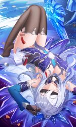 Rule 34 | +water, 1girl, absurdres, armpits, arms up, black blindfold, black gloves, black thighhighs, blindfold, blue dress, blue sleeves, breasts, choko (cup), crystal sword, cup, detached sleeves, dress, full body, gloves, hair between eyes, hands up, highres, honkai: star rail, honkai (series), ice shard, jingliu (honkai: star rail), jndfh, knees up, legs together, looking at viewer, lying, medium breasts, no shoes, on back, parted lips, sidelocks, soles, solo, spill, sword, thighhighs, tiptoes, upside-down, variant set, weapon, white hair