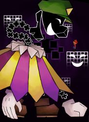 Rule 34 | big nose, boots, castle, dimentio, evil grin, evil smile, facial hair, floating, green headwear, grin, hat, highres, mario, mustache, nintendo, open mouth, paper mario, purple background, red headwear, smile, super dimentio, super paper mario, t8o8b