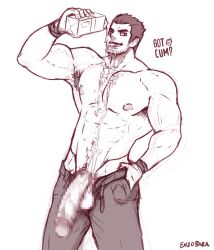 Rule 34 | 1boy, abs, armpit hair, armpits, bara, beard stubble, black hair, bottle, censored, clothes pull, english text, enzobara, facial hair, feet out of frame, flaccid, highres, huge eyebrows, huge penis, large pectorals, looking at viewer, lucas lee, male focus, milk, milk bottle, monochrome, mosaic censoring, muscular, muscular male, navel, nipples, open fly, paid reward available, pants, pants pull, pectorals, penis, pouring, pouring onto self, scott pilgrim (series), scott pilgrim takes off, seductive smile, short hair, sketch, smile, solo, stomach, stubble, topless male, v-taper