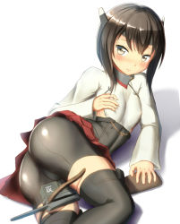 Rule 34 | 10s, 1girl, ass, bike shorts, blush, bow (weapon), breasts, brown eyes, brown hair, crossbow, covered erect nipples, headband, headgear, kantai collection, looking at viewer, maku ro, short hair, simple background, skirt, small breasts, solo, taihou (kancolle), thighhighs, weapon