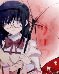 1girl absurdres akemi_homura axy_cang black_hair glasses highres holding holding_umbrella long_hair mahou_shoujo_madoka_magica mitakihara_school_uniform purple_eyes red-framed_eyewear red_background school_uniform semi-rimless_eyewear solo tooth umbrella upper_body